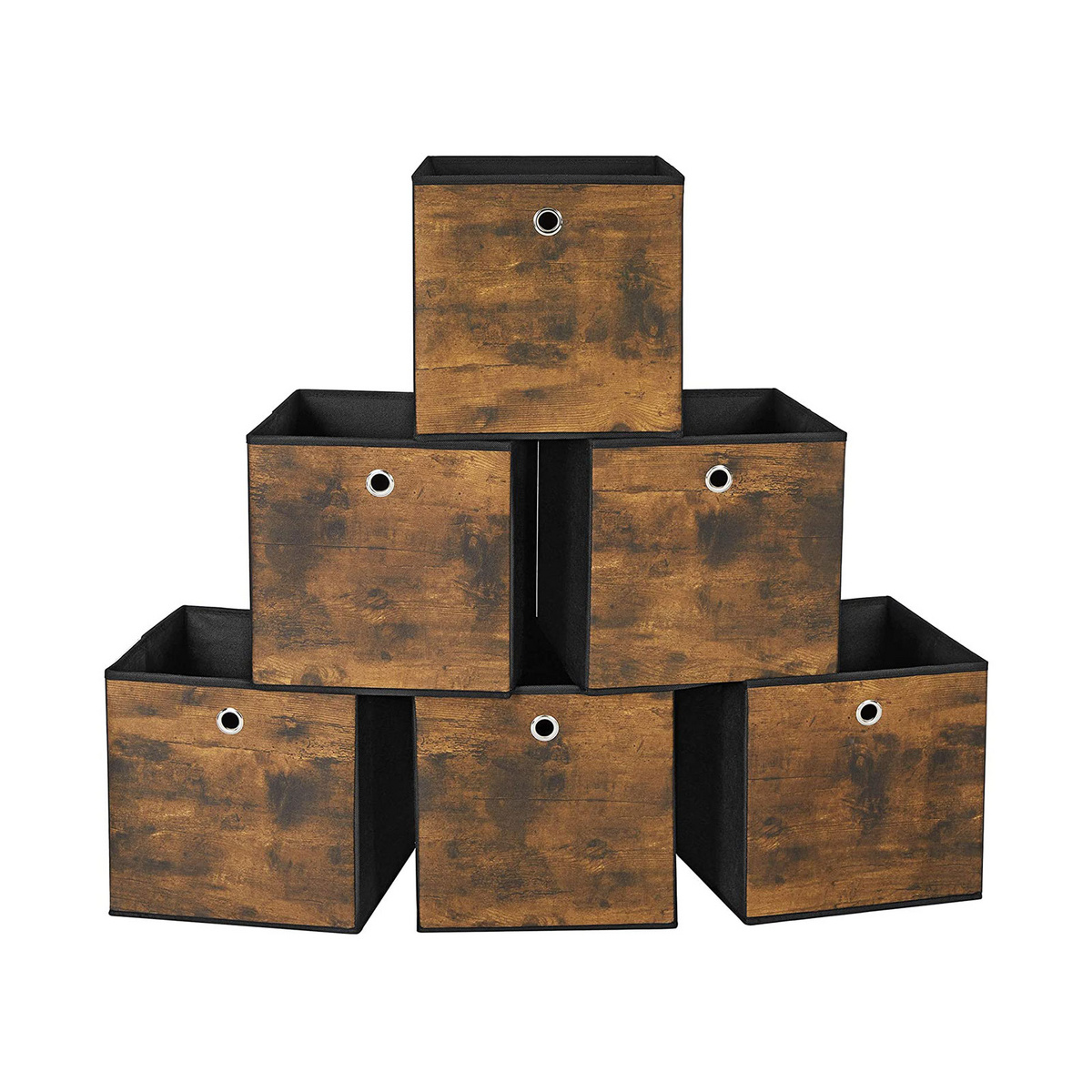 SONGMICS oppbevaringsbokser, 6-pakning, 30 × 30 × 30 cm, sammenleggbar, rustikkbrun/svart, RFB102B01