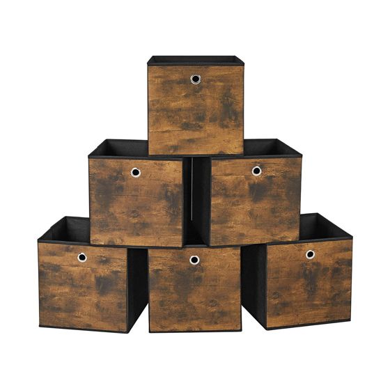 Songmics oppbevaringsbokser, 6-pakning, 30 × 30 × 30 cm, sammenleggbar, rustikkbrun/svart, RFB102B01