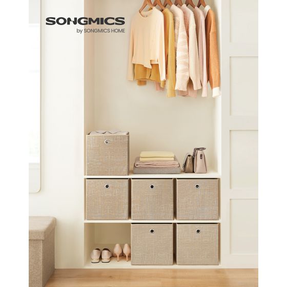 Songmics oppbevaringsbokser, 6-pakning, 30 × 30 × 30 cm, sammenleggbar, sandbeige, RFB006K03