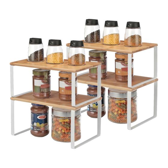 Songmics oppbevaringsskap, 4-pakning, stabelbar, utvidbar, hvit/naturfarget, KCS010N01