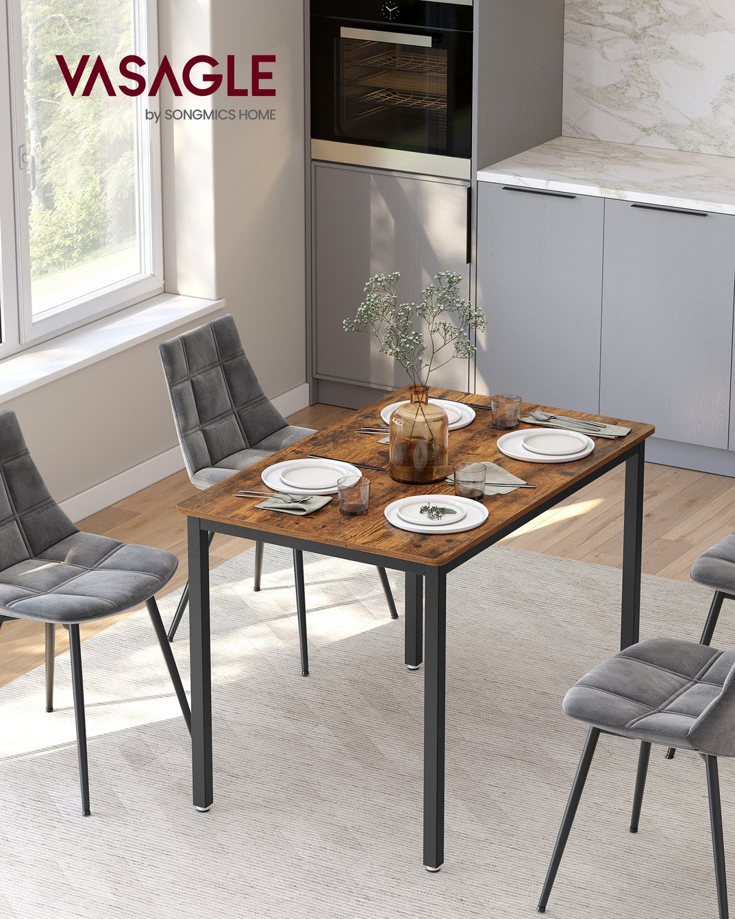 VASAGLE spisebord, 70 × 110 × 77 cm, rustikkbrun/svart, KDT081B01
