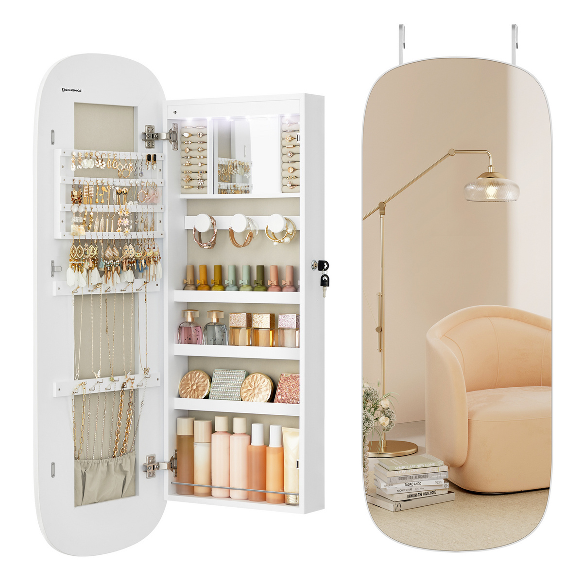 SONGMICS speil, 10 × 42 × 108 cm, låsbar, med LED-belysning, greige, JJC026W01