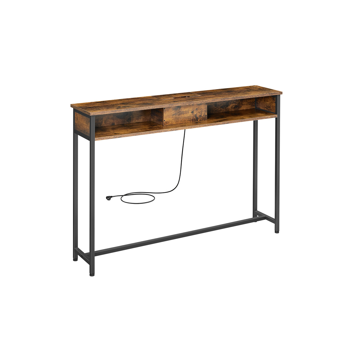 VASAGLE konsollbord, 2 rom, 25 × 120 × 81 cm, med ladestasjon, rustikkbrun/svart, LNT111K01
