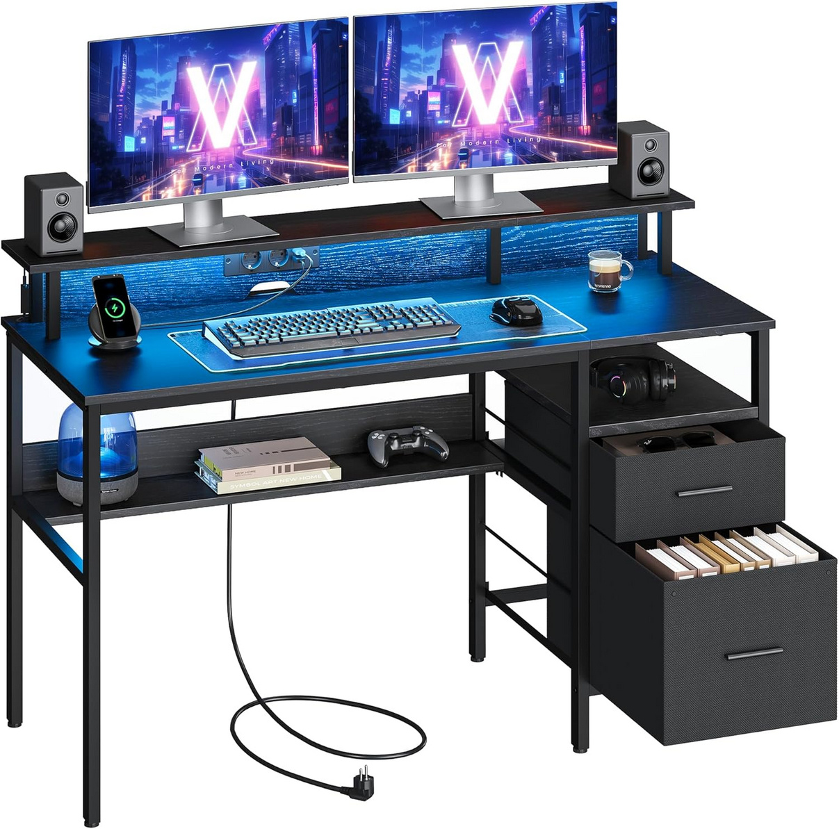 VASAGLE skrivebord, 55 × 135 × 90 cm, med LED-belysning, med ladestasjon, svart, LWD094B56