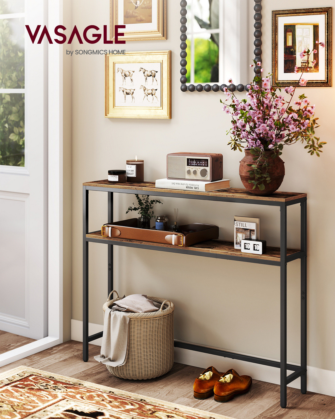VASAGLE konsollbord, 2 hyller, 20 × 100 × 80 cm, brun, LNT131K01