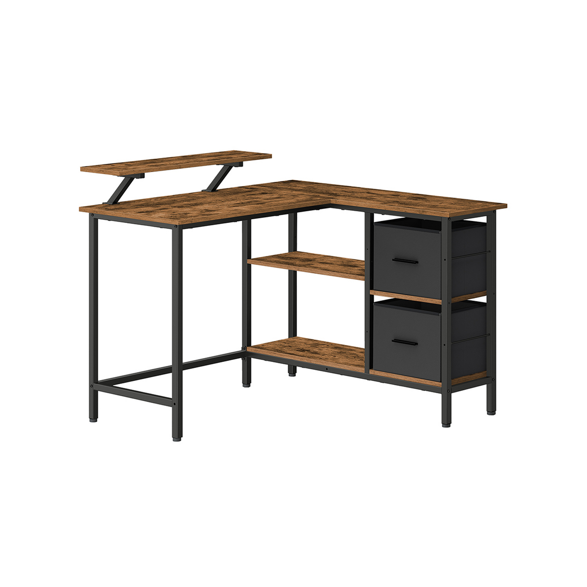 VASAGLE L-formet skrivebord, 2 skuffer, justerbar, rustikkbrun, LWD097B01