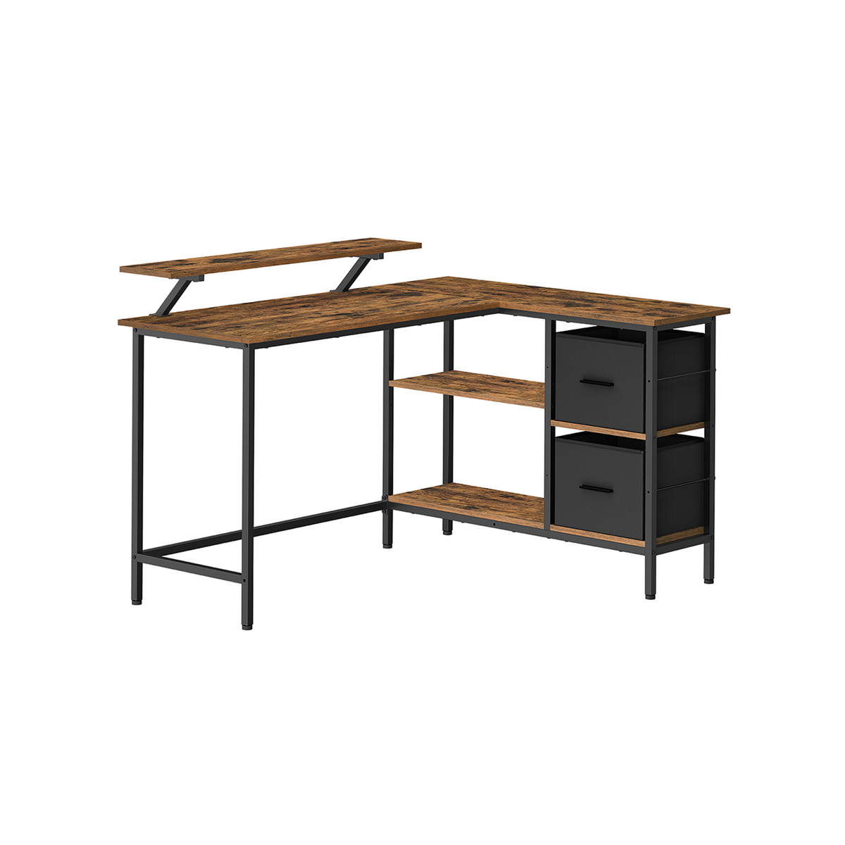 VASAGLE L-formet skrivebord, 2 skuffer, justerbar, rustikkbrun, LWD098B01