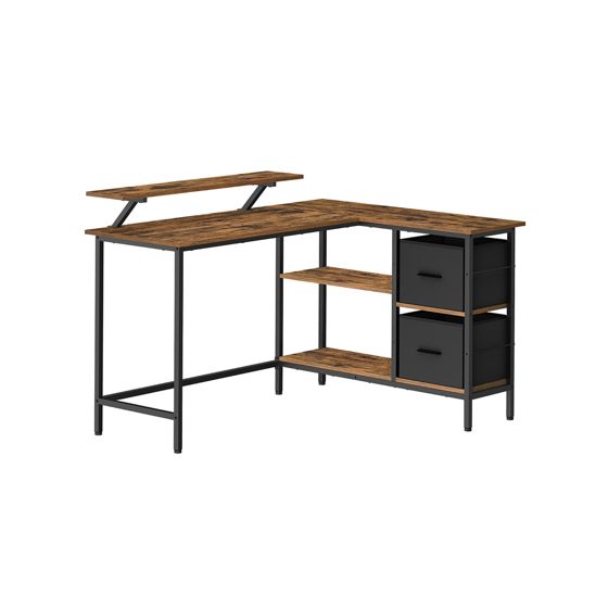 Vasagle L-formet skrivebord, 2 skuffer, justerbar, rustikkbrun, LWD098B01