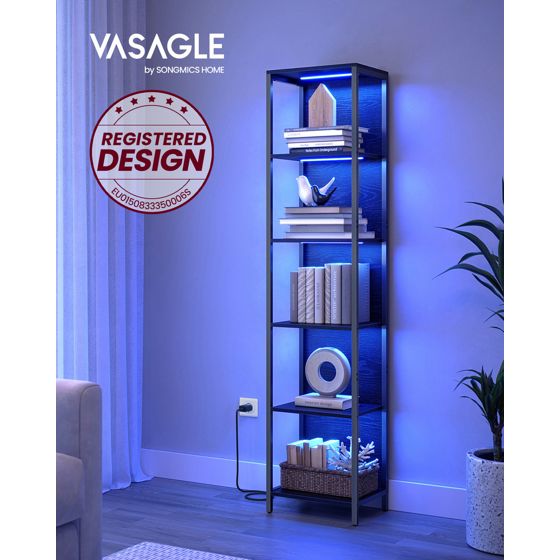 Vasagle bokhylle, 6 nivåer, 30.3 × 40 × 178.6 cm, justerbar, med LED-belysning, svart, LLS121B57