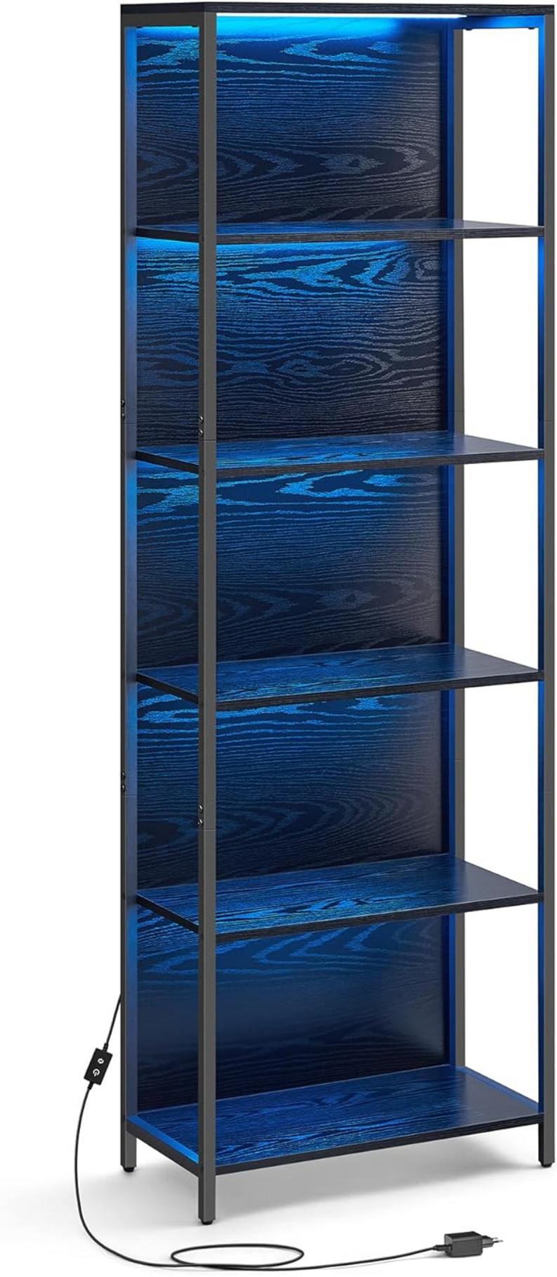 VASAGLE bokhylle, 6 nivåer, 30.3 × 60 × 178.6 cm, justerbar, med LED-belysning, svart, LLS120B57
