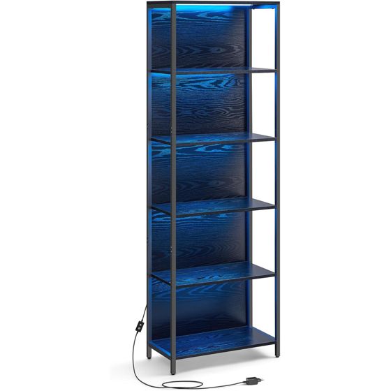 Vasagle bokhylle, 6 nivåer, 30.3 × 60 × 178.6 cm, justerbar, med LED-belysning, svart, LLS120B57