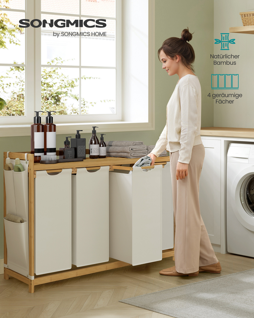 SONGMICS skittentøysorterer, 4 rom, 4 × 50 L, 124.6 × 33 × 78 cm, kremhvit, RLH120W01