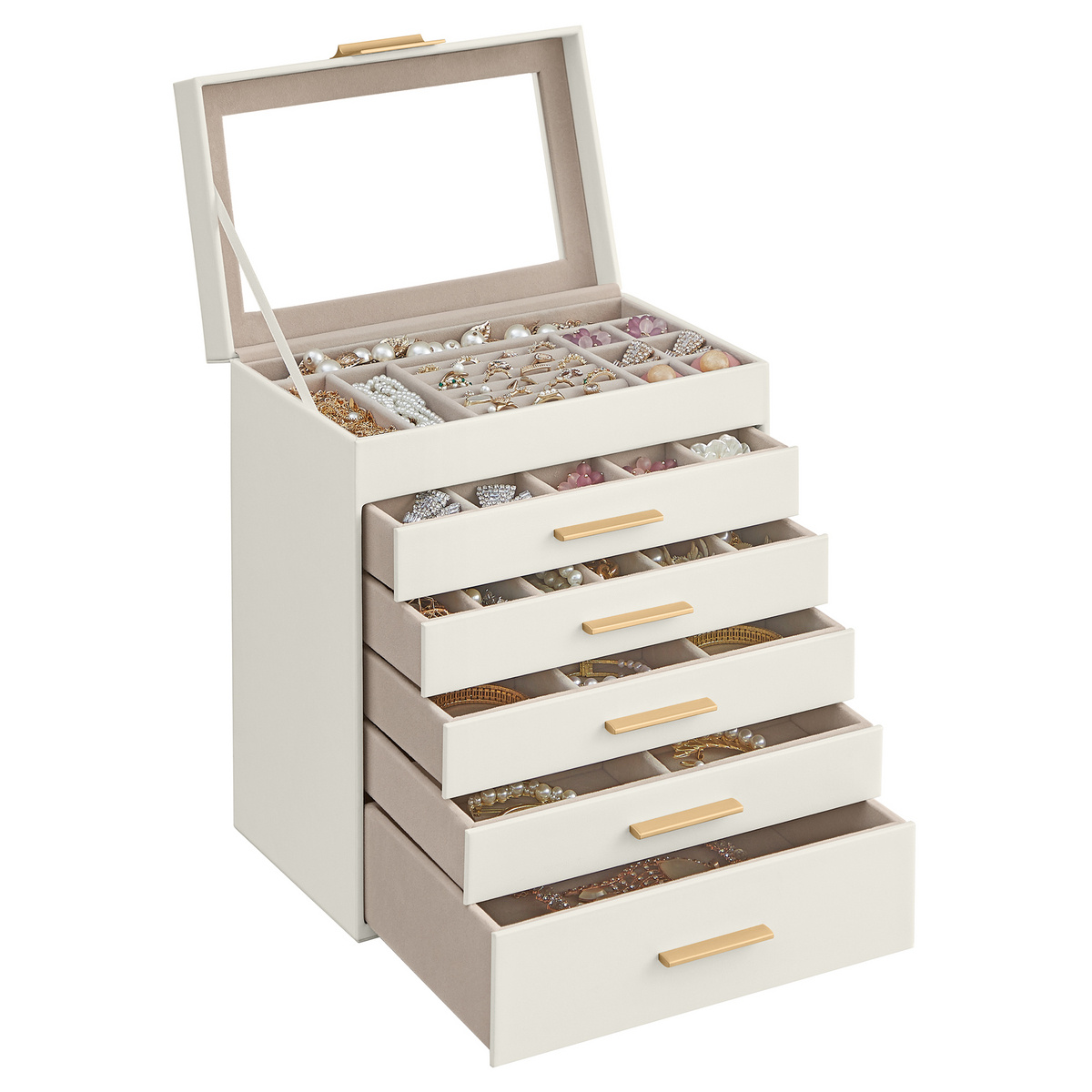 SONGMICS smykkeskrin, 5 skuffer, 16.3 × 25.1 × 29 cm, skyhvit/gull, UJBC171W01