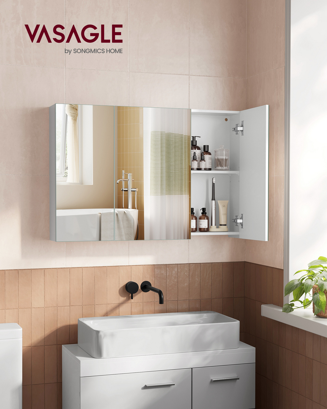 VASAGLE speil, 3 dører, 15 × 90 × 60 cm, justerbar hylle, hvit, BBK032W01