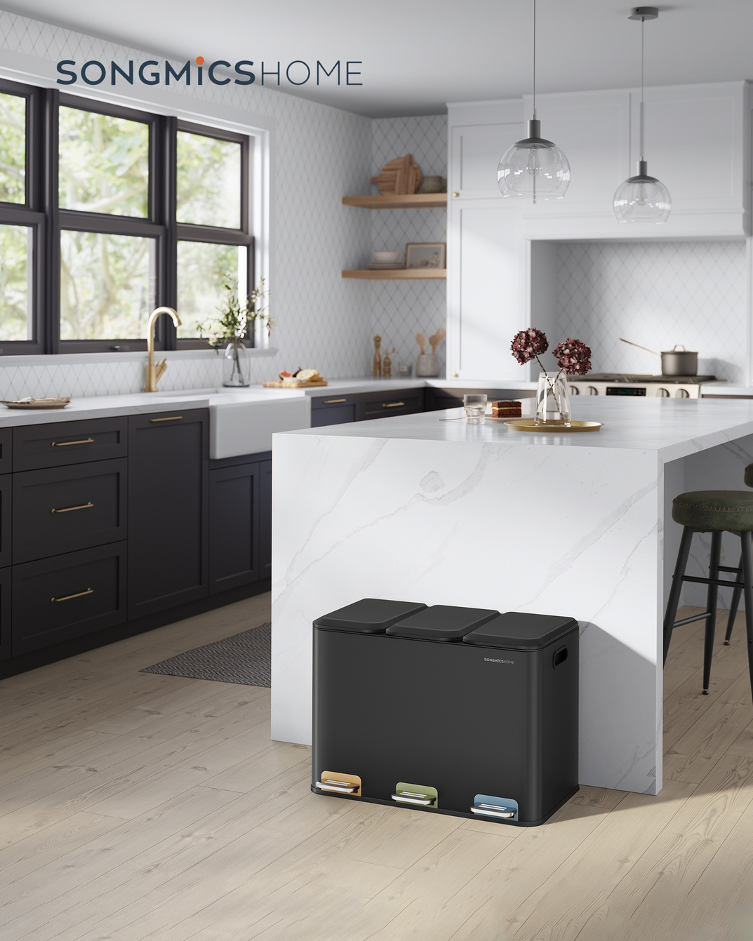 SONGMICS søppelbøtte, 3 × 15 L, svart, LTB740B02