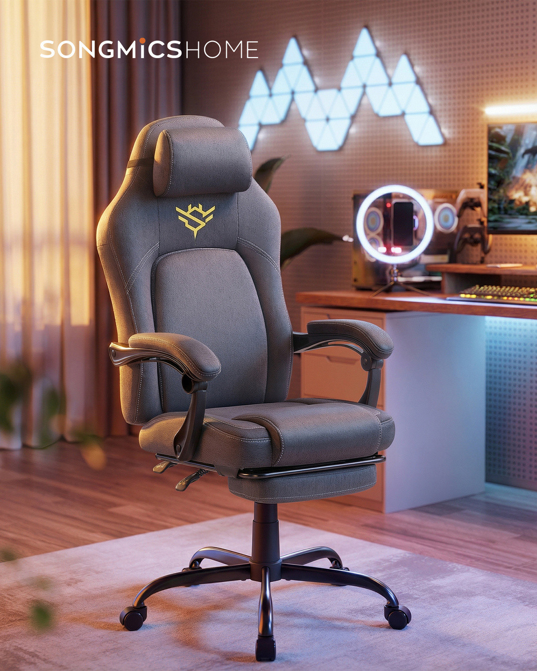 SONGMICS HOME gamingstol, høydejusterbar, svingbar, duegrå, OBG072G01