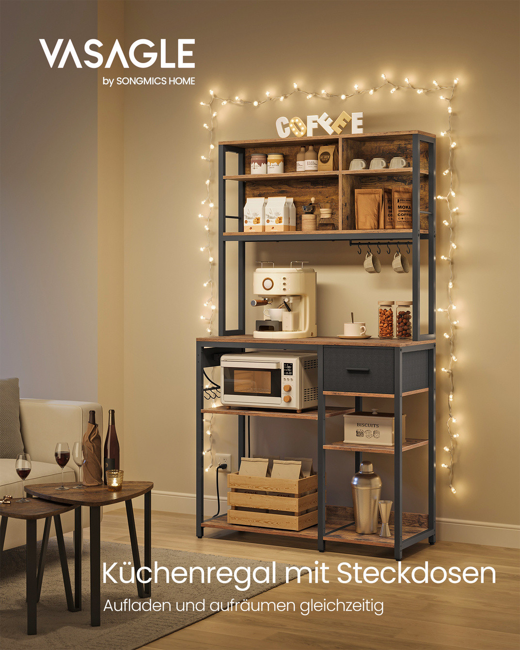 VASAGLE kjøkkenhylle, 12 kroker, 40 × 100 × 180.2 cm, justerbar hylle, med ladestasjon, rustikkbrun/svart, KKS027K02