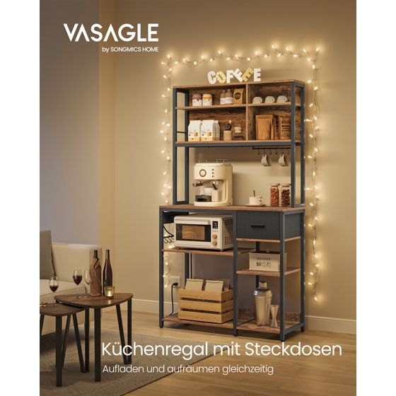 Vasagle kjøkkenhylle, 12 kroker, 40 × 100 × 180.2 cm, justerbar hylle, med ladestasjon, rustikkbrun/svart, KKS027K02