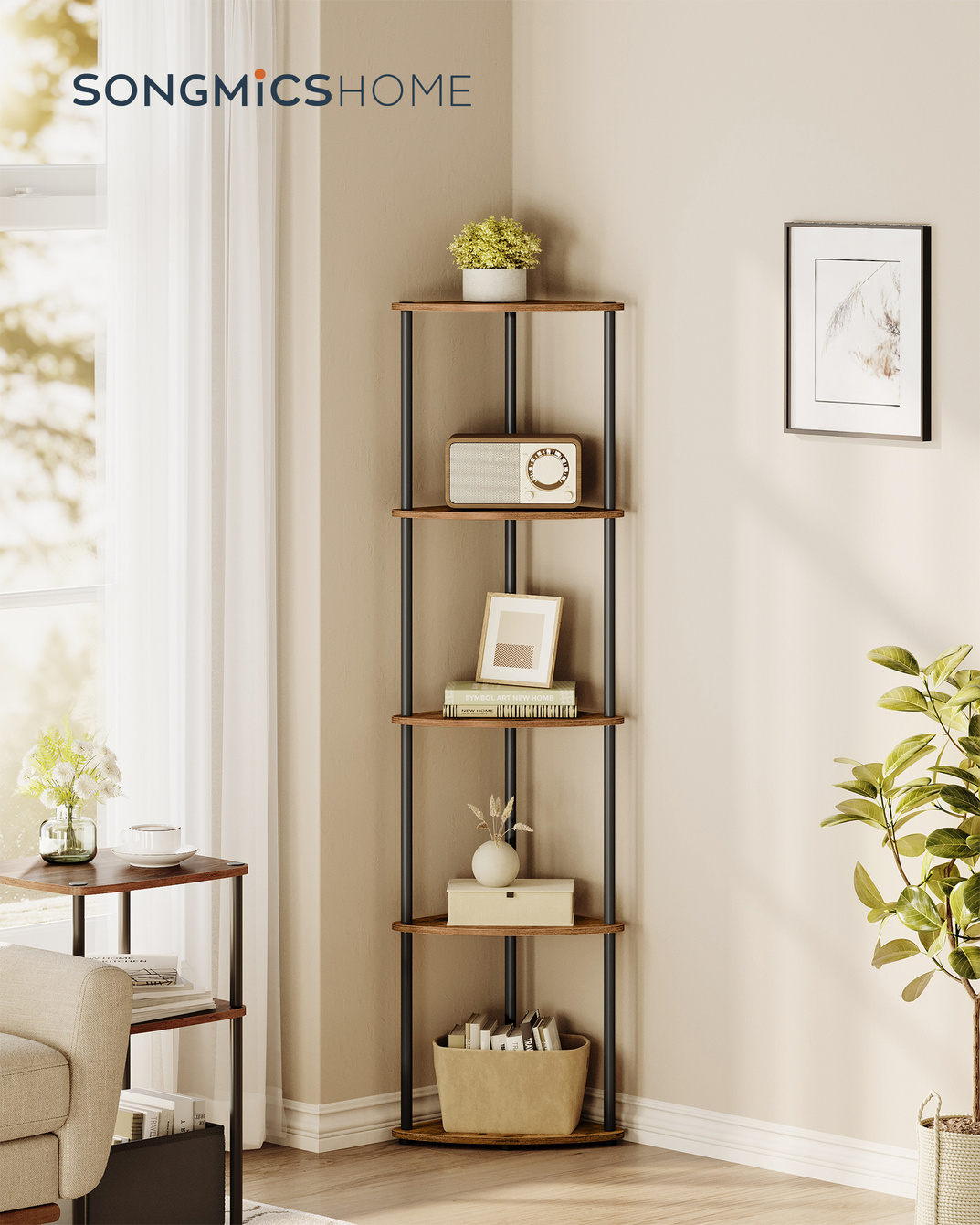 SONGMICS HOME hjørnehylle, 5 nivåer, 38.3 × 27 × 139 cm, rustikkbrun, LBC610K01