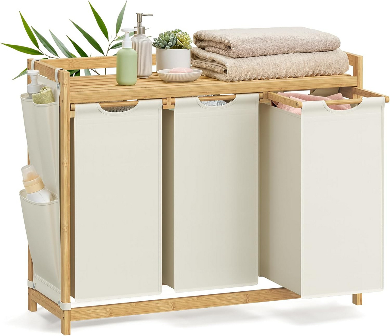 SONGMICS skittentøyskurv, 3 rom, 3 × 50 L, 94 × 33 × 78 cm, kremhvit, RLH115W01