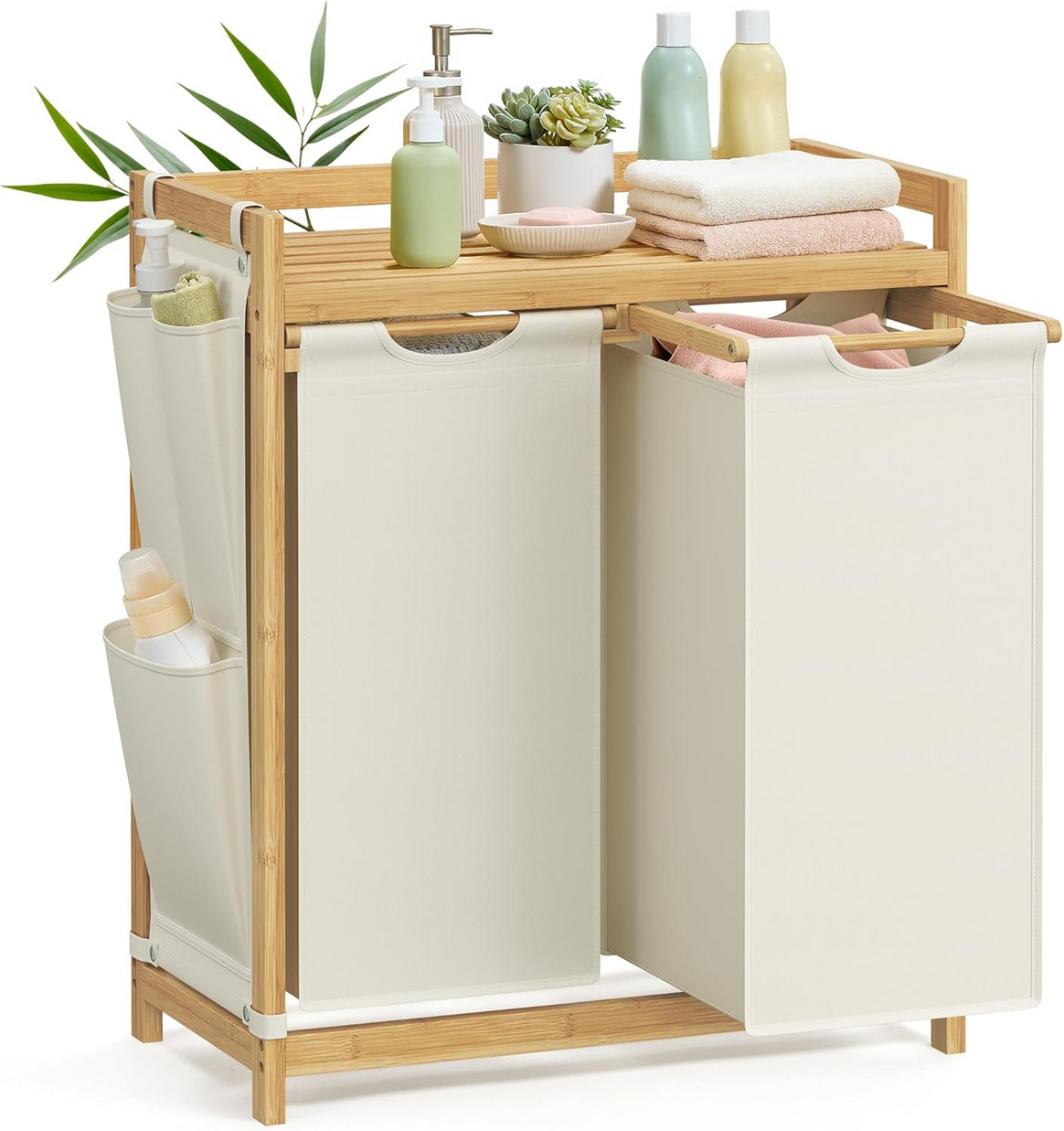 SONGMICS skittentøyskurv, 2 rom, 2 × 50 L, 63 × 33 × 78 cm, kremhvit, RLH100W01