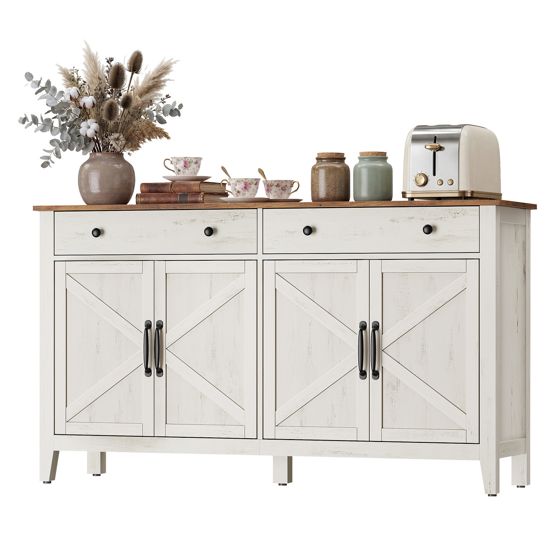 Vasagle skjenk, 40 × 140 × 80 cm, justerbar hylle, rustikkhvit/honningbrun, BBK381W02