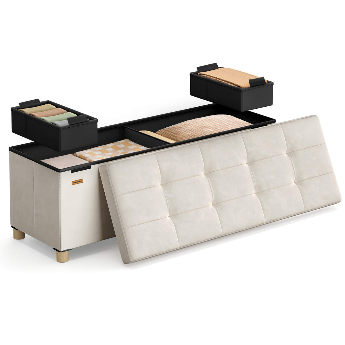 SONGMICS oppbevaringspuff, 112 L, 15 × 43.3 × 15.7 tommer, sammenleggbar, beige, ULSF0518W02