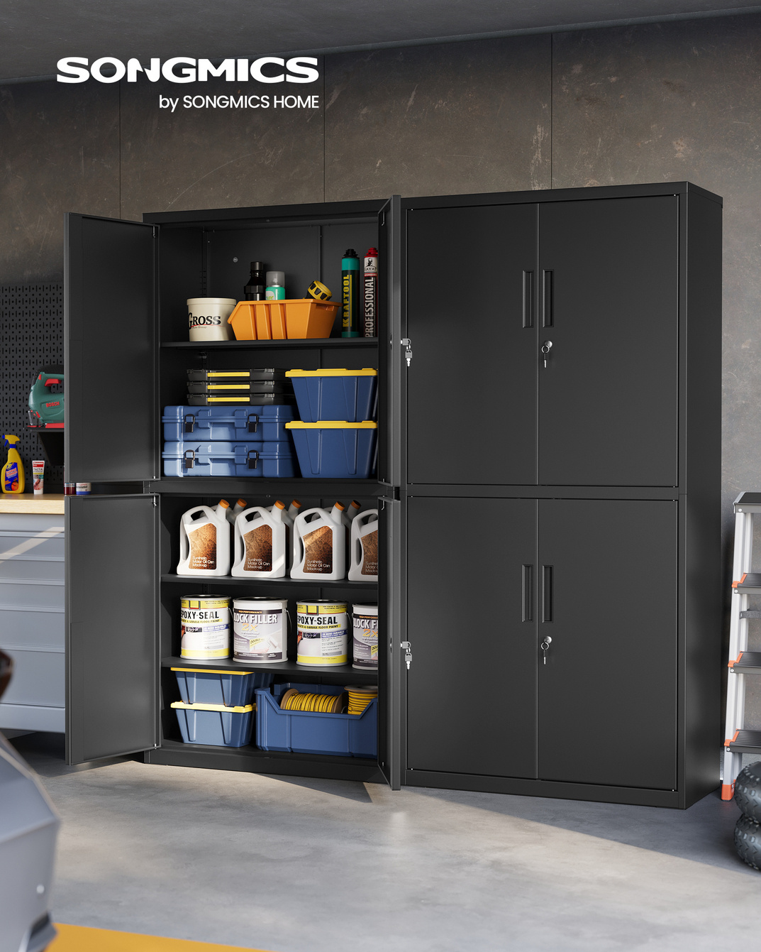 SONGMICS oppbevaringsskap, 4 dører, 40 × 80 × 180 cm, justerbar hylle, svart, OMC016B01