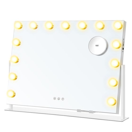Songmics sminkespeil, 58 × 43 cm, med LED-belysning, med ladeporter, matt hvit, LWM001W02