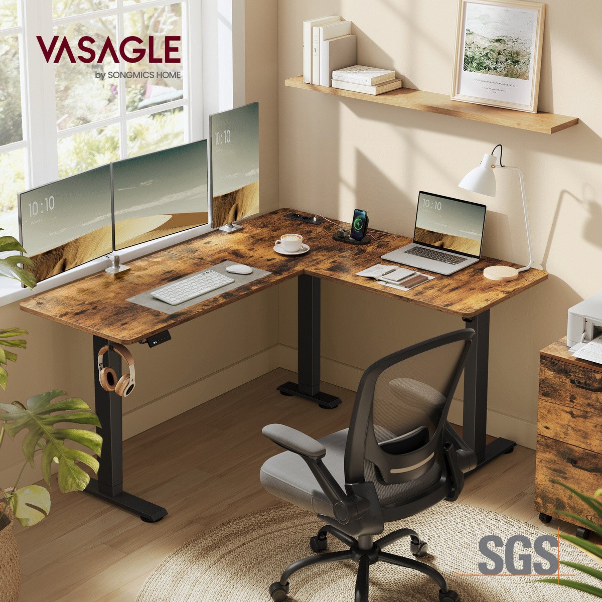 VASAGLE L-formet skrivebord, 140 × 160 cm, høydejusterbar, med ladestasjon, rustikkbrun/svart, LSD264K01