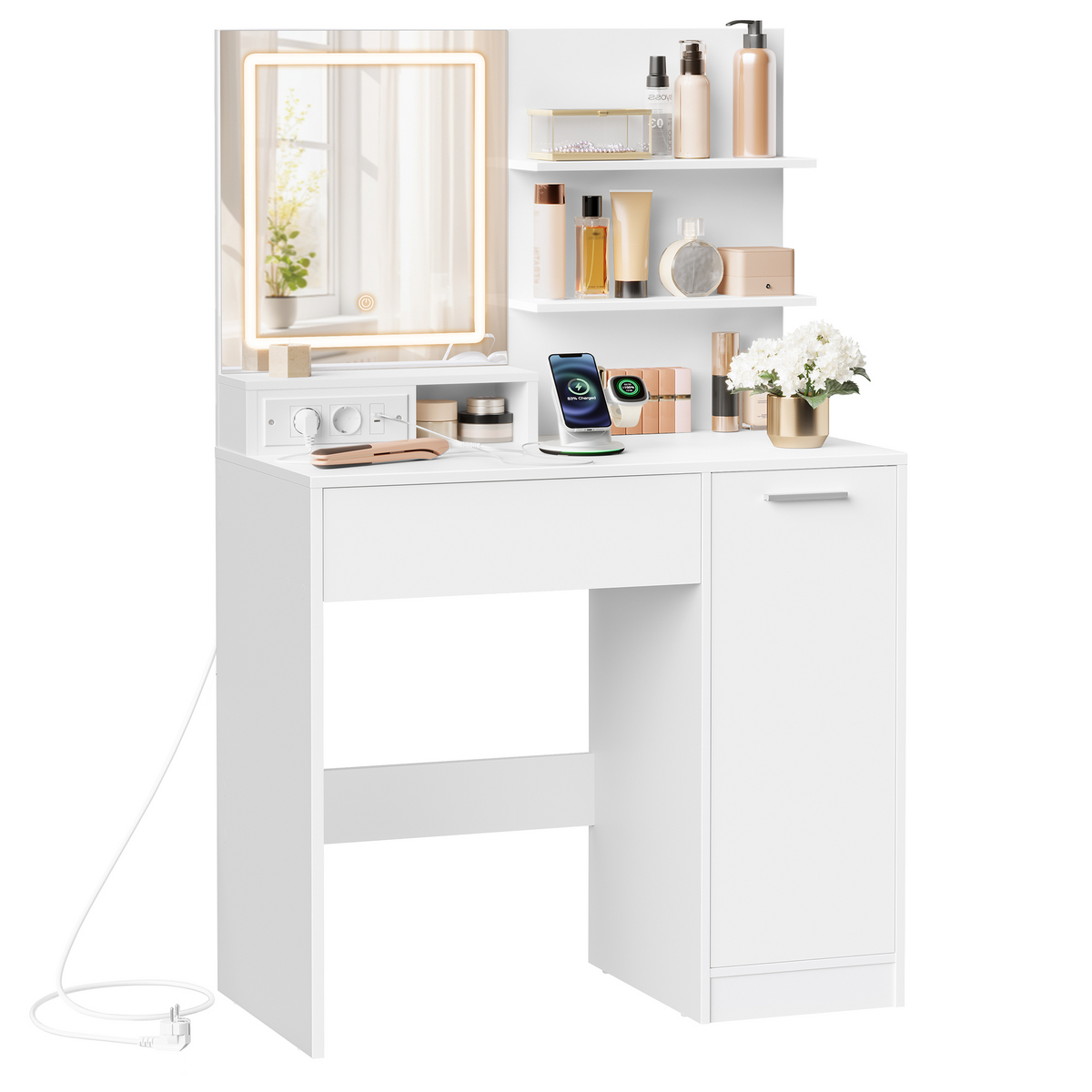 VASAGLE sminkebord, justerbar hylle, med LED-belysning, hvit, RDT138W01