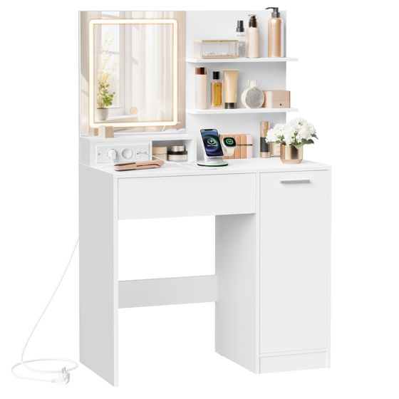 Vasagle sminkebord, justerbar hylle, med LED-belysning, hvit, RDT138W01