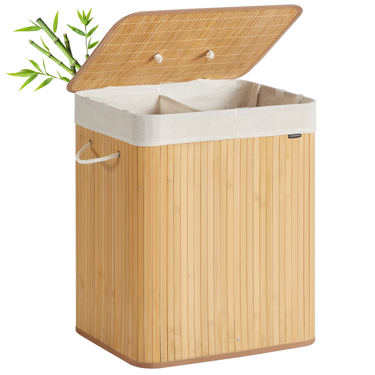 SONGMICS skittentøyskurv, 2 rom, sammenleggbar, med lokk, naturfarget, LCB014Y01