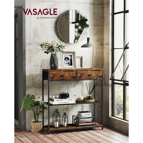 Vasagle konsollbord, 2 skuffer, 3 nivåer, 24 × 76 × 80 cm, rustikkbrun/svart, LNT092K01