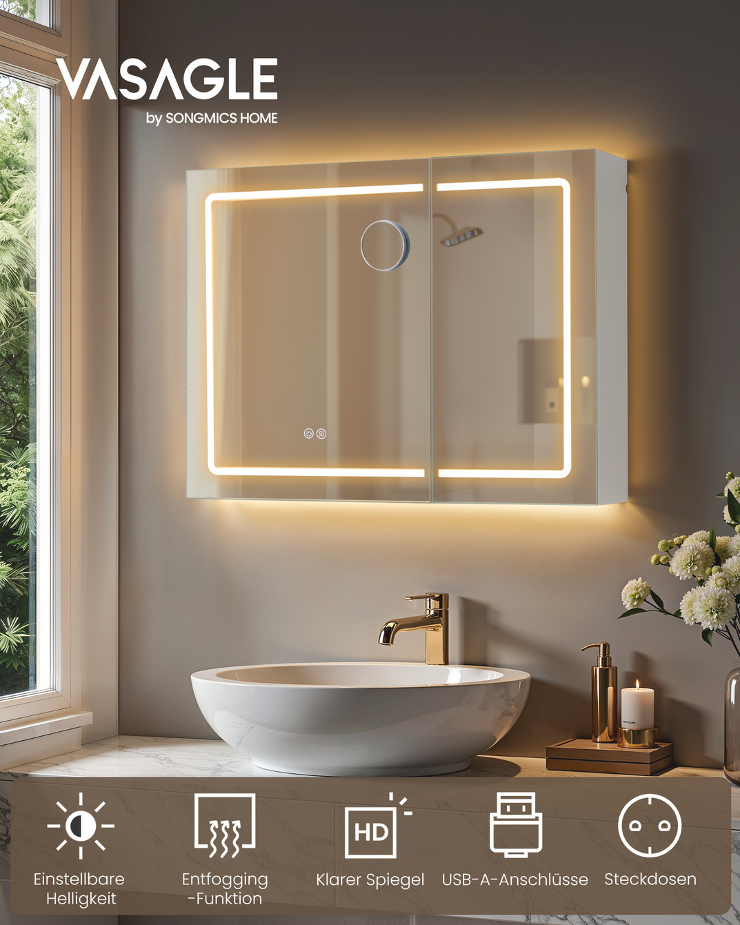 VASAGLE speil, 16.5 × 80 × 60 cm, med LED-belysning, med ladestasjon, hvit, BBK134W01