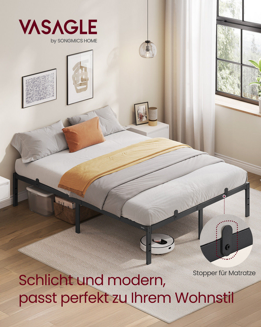 Vasagle sengeramme, 140 × 200 cm, svart, RMB134B01