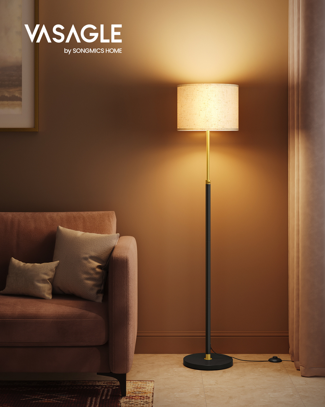 VASAGLE gulvlampe, 170 cm, høydejusterbar, gull/svart, LFL002B02
