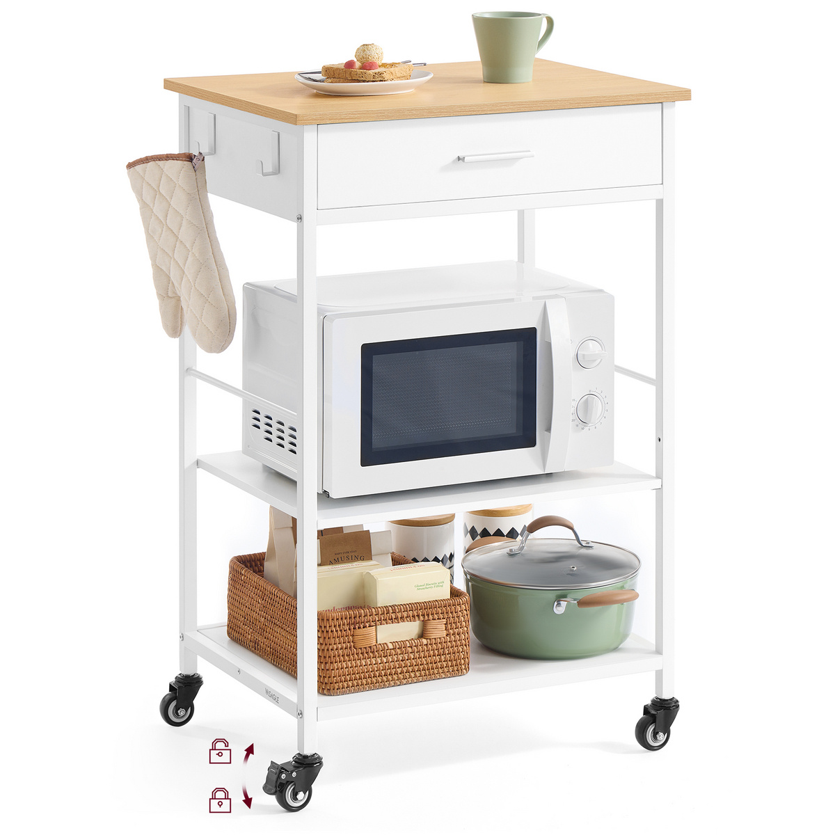 VASAGLE oppbevaringsvogn, 60 × 45 × 90 cm, med hjul, hvit/eikebeige, KKI007Y01
