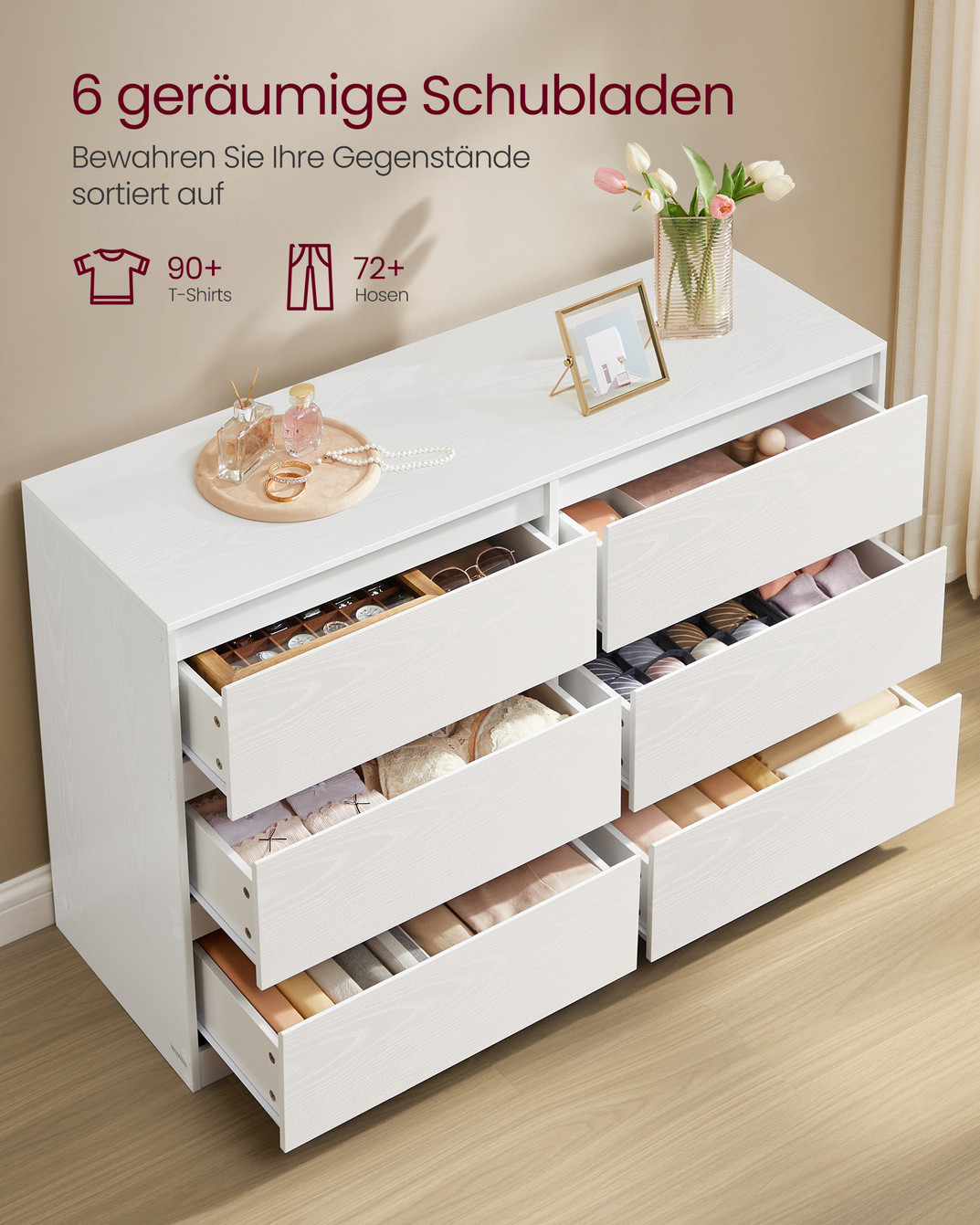 VASAGLE kommode, 6 skuffer, 40 × 119.4 × 75 cm, hvit, LTS616W01
