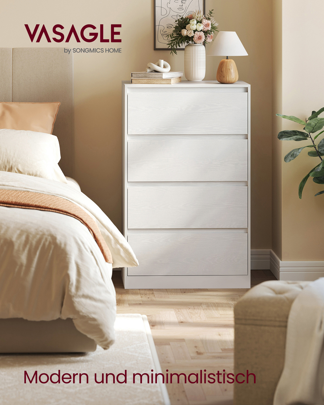 VASAGLE kommode, 4 skuffer, 40 × 60 × 97.4 cm, hvit, LTS614WE02