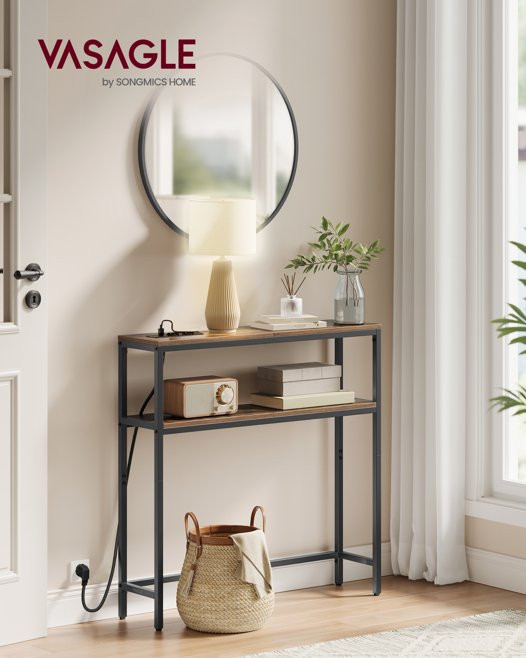 VASAGLE konsollbord, 2 hyller, 20 × 80 × 80 cm, med ladestasjon, brun, LNT135KD01