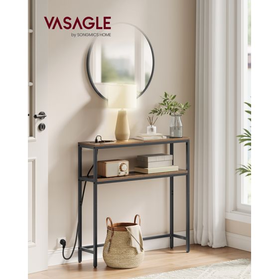 Vasagle konsollbord, 2 hyller, 20 × 80 × 80 cm, med ladestasjon, brun, LNT135KD01
