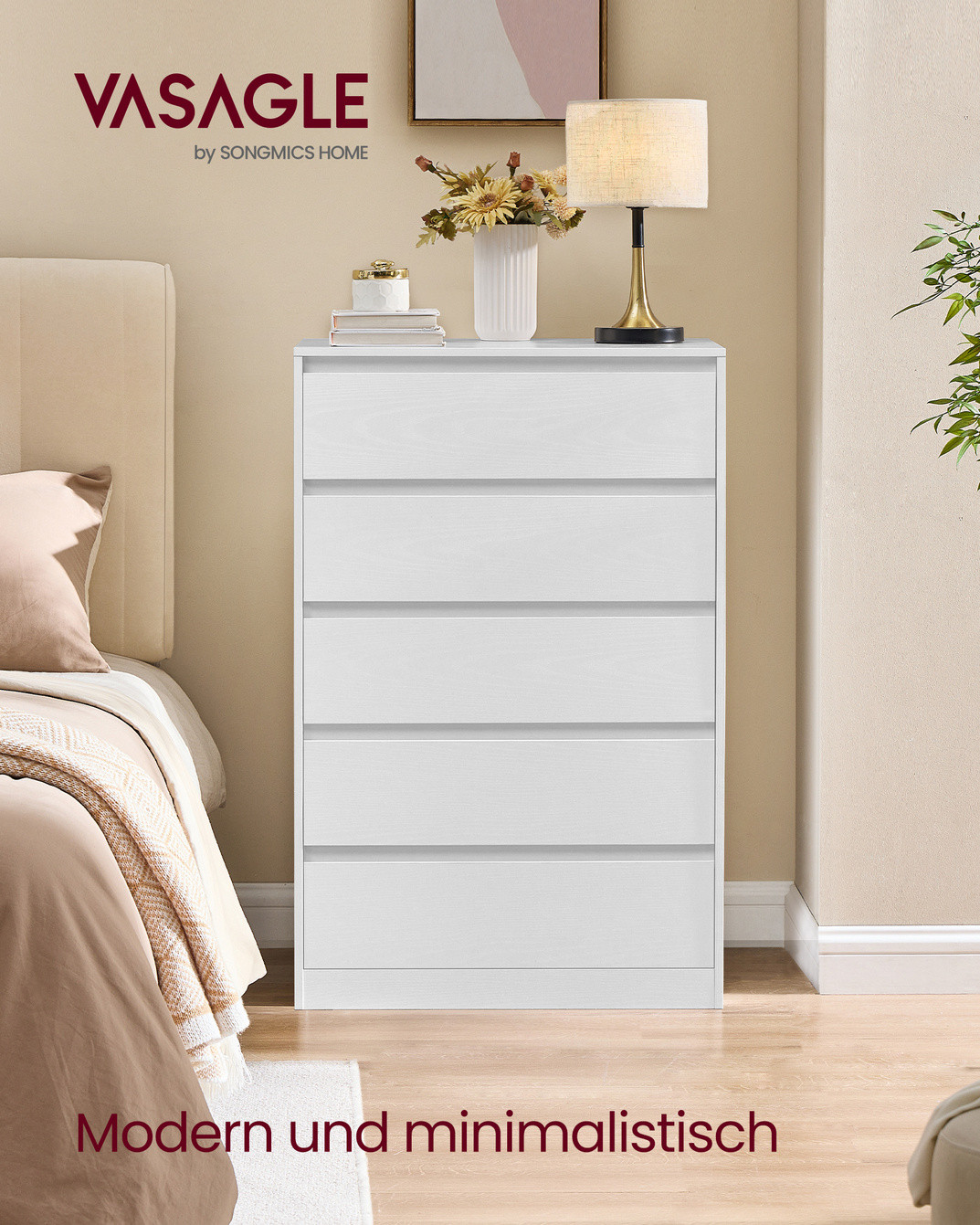 VASAGLE kommode, 5 skuffer, 40 × 60 × 97.4 cm, hvit, LTS605WE01