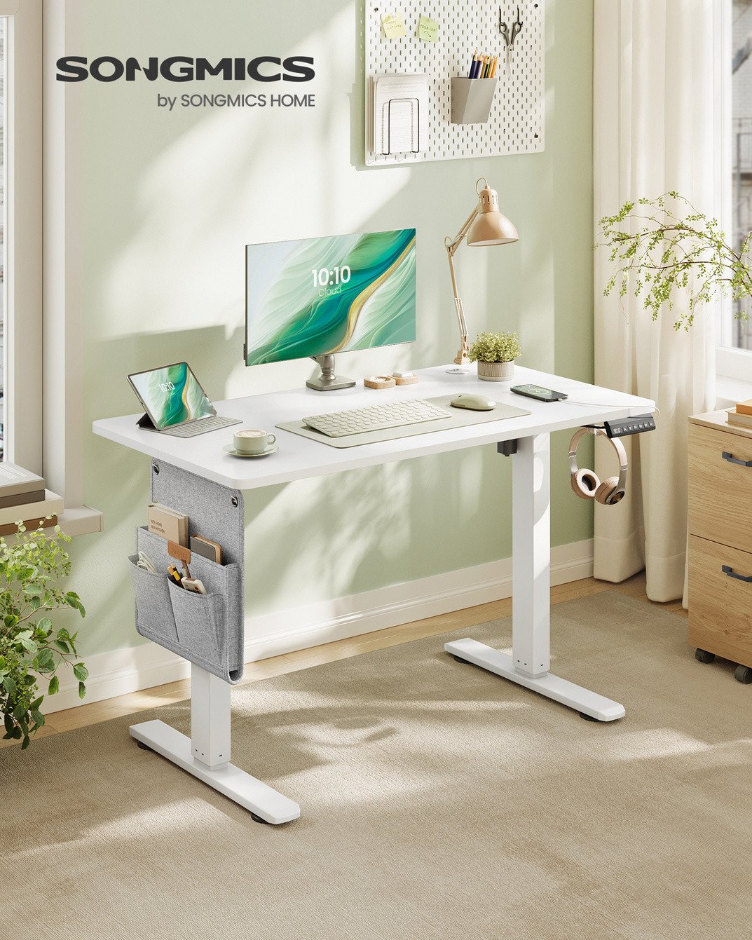 SONGMICS hev- og senkbart skrivebord, 100 × 60 cm, justerbar, med ladestasjon, skyhvit, LSD130WZ01