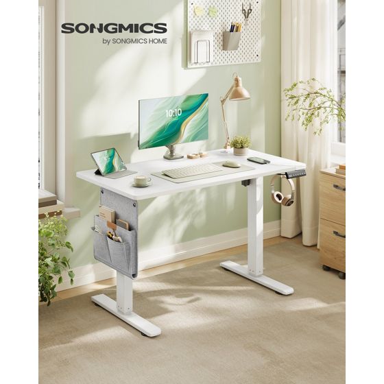 Songmics hev- og senkbart skrivebord, 100 × 60 cm, justerbar, med ladestasjon, skyhvit, LSD130WZ01