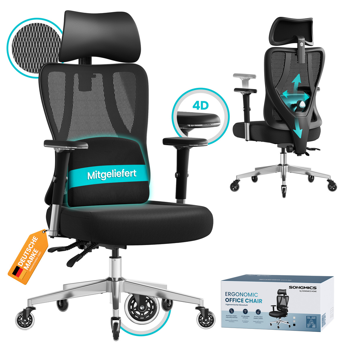 SONGMICS kontorstol, justerbar, svart, OBN067BH01