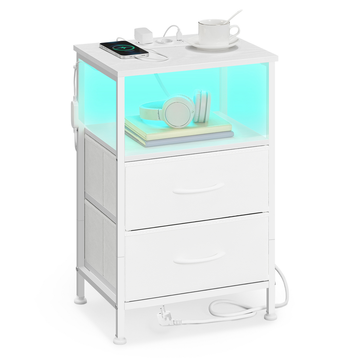 SONGMICS nattbord, 2 skuffer, justerbar, med LED-belysning, skyhvit, LGS302WH03
