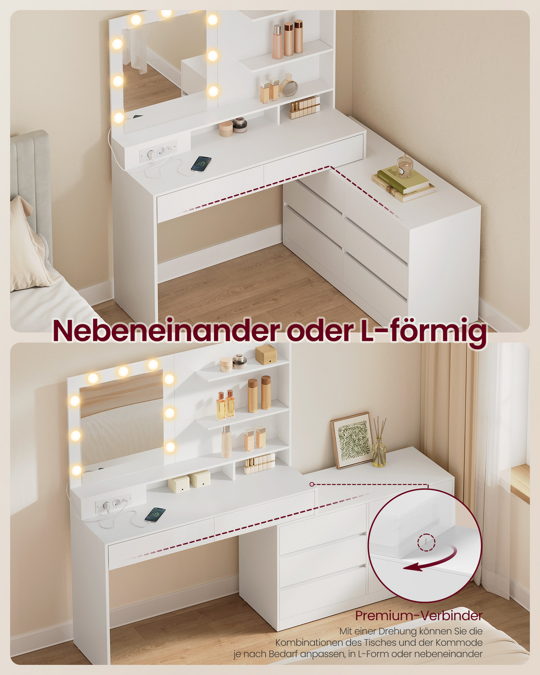 VASAGLE sminkebord, 8 skuffer, 3 hyller, med speil, med LED-belysning, skyhvit, RDT140WB01