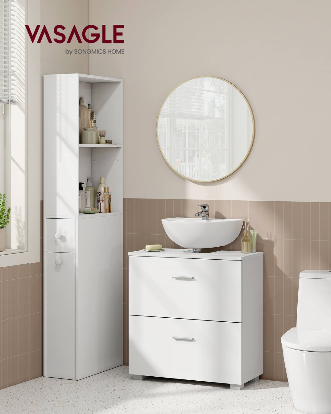 VASAGLE servantskap, 2 skuffer, 30 × 60 × 63.8 cm, skyhvit, BBK520WB01