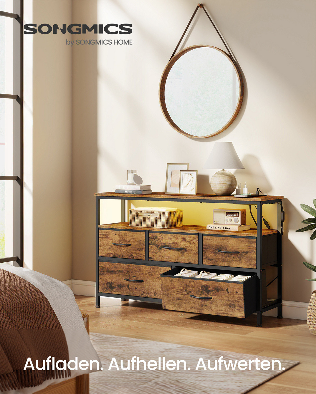 SONGMICS kommode, 5 skuffer, justerbar, med LED-belysning, rustikkbrun/svart, LGS723KD01